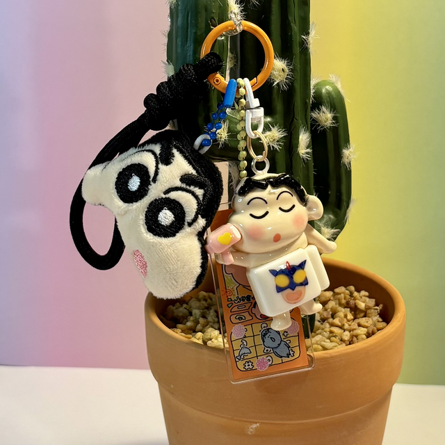 Shin Chan Anime character mini plush keychain black rope wristlet 