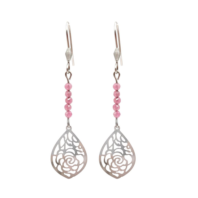 Boucles d'oreilles Tourmaline Rose Feuille Acier Argenté