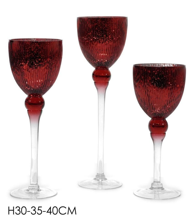 PORTA CANDELE SET TRE CALICI VETRO ROSSO