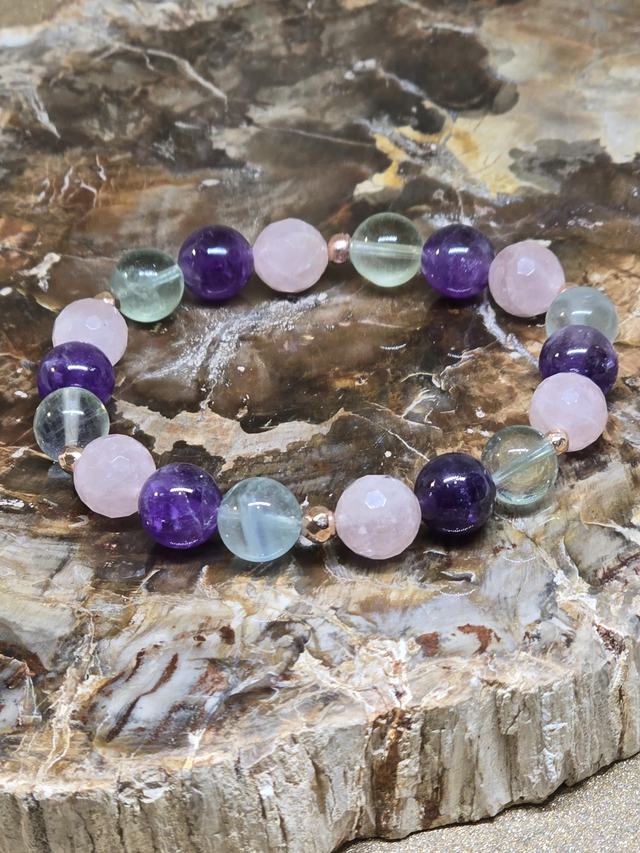 Bracelet Fluorite, Améthyste, Quartz rose 1cm