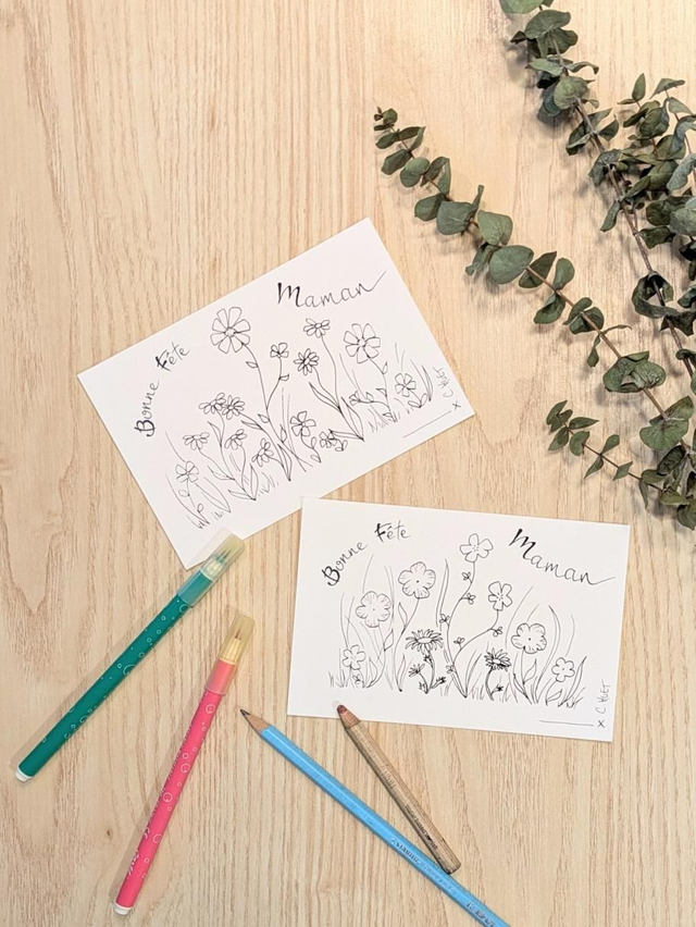 Carte "bonne fête maman" à colorier, 2 modèles fleuris
