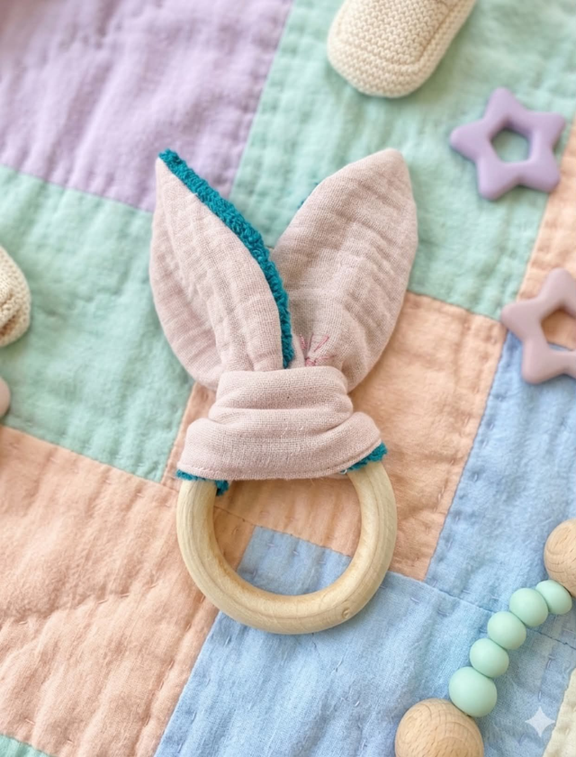 Hochet oreilles de lapin et bois ROSE ET BLEU