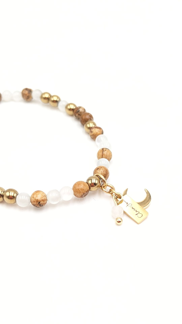 Bracelet Clara Joia Pierre de Lune Jaspe Paysage Acier Doré Lune