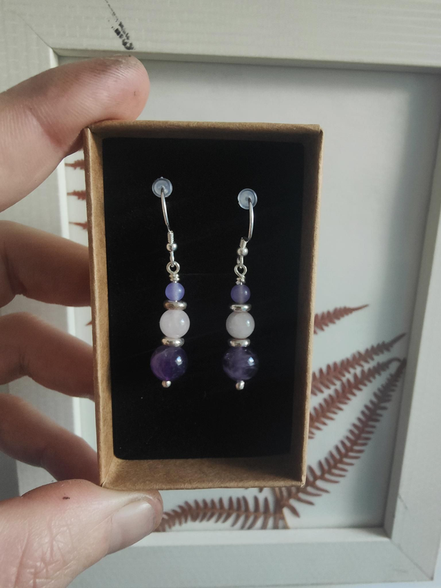 Boucles d&#039;oreilles &quot;Harmonie&quot; Triple Argent 925 : Calcédoine Quartz Rose Améthyste 