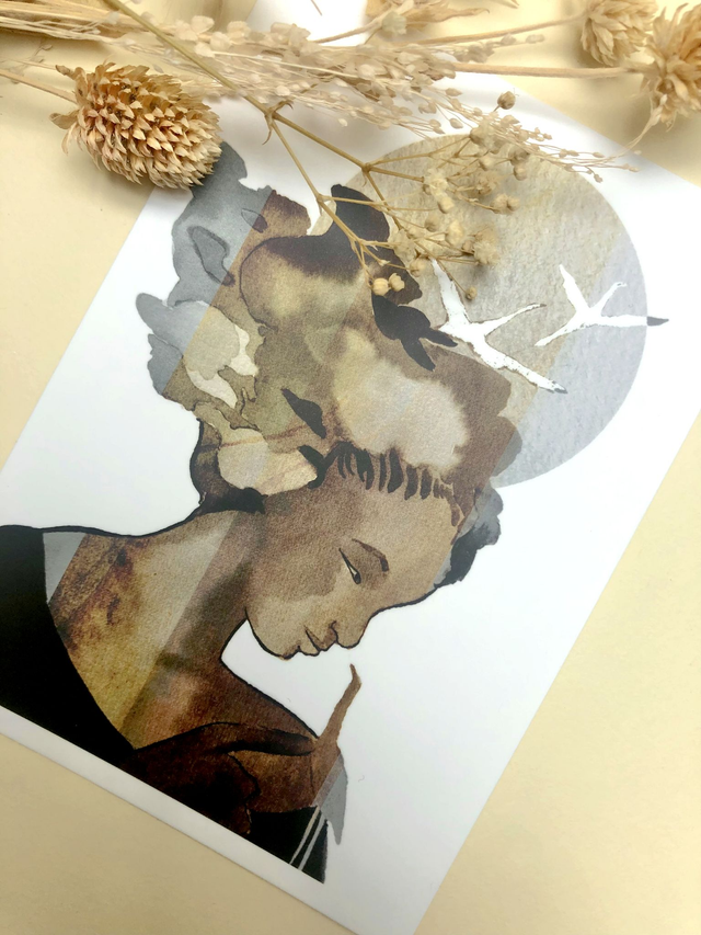 Carte postale A6 illustration "la femme aux grues"