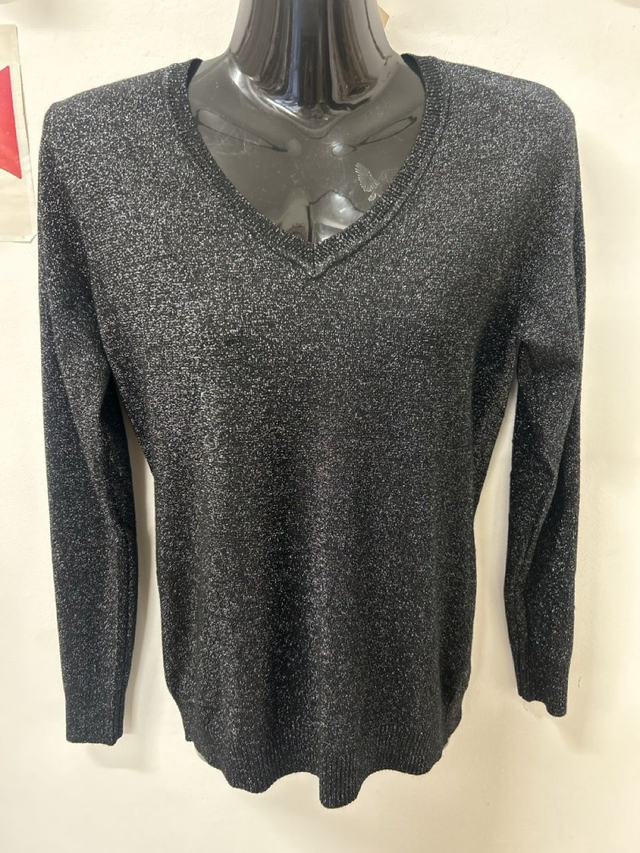 Pull col V Zoé petite taille unique noir pailletée argenté