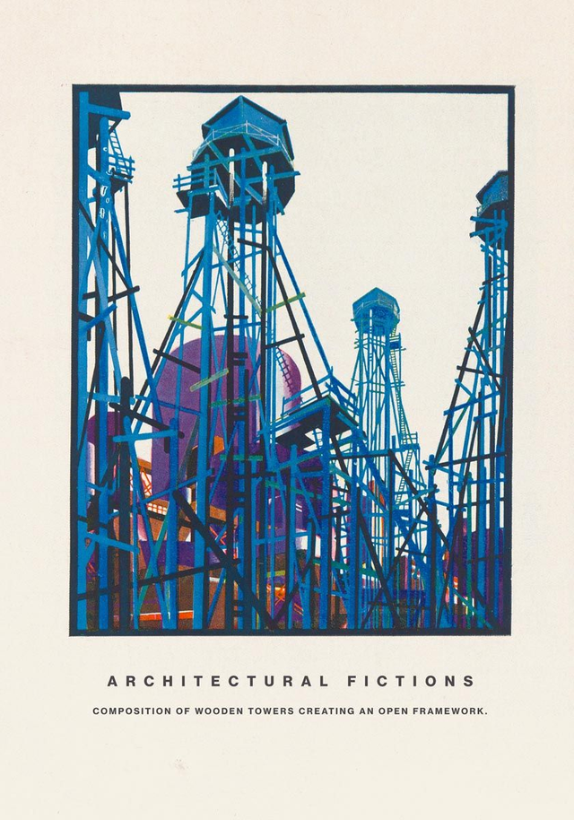 Composition of wooden towers creating an open framework