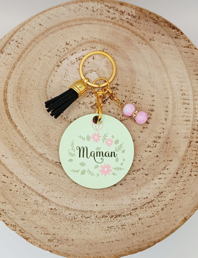 Porte-clé en MDF (bois) sublimé &quot;Maman&quot; avec 2 breloques.  