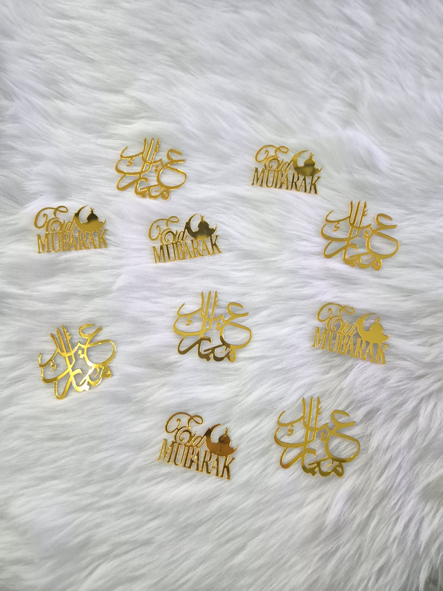 Lot de 10 Cupcake toppers Eid mubarak en acrylique Or foncé