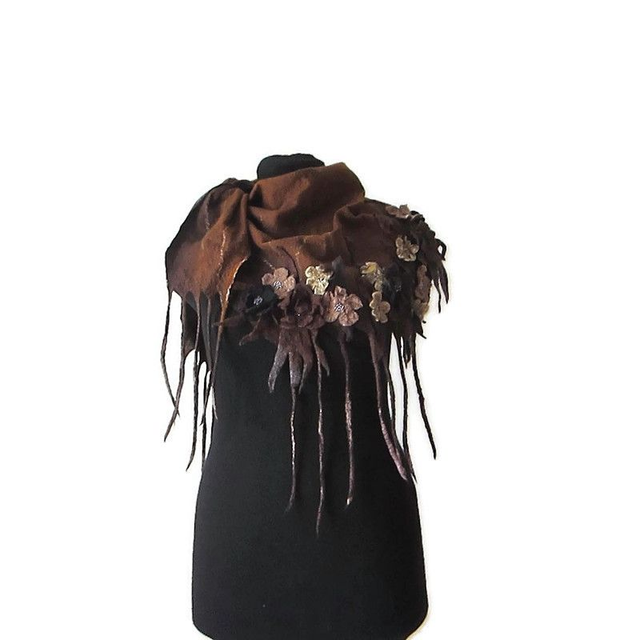Scialle feltro lana merino seta Scialle marrone fatto a mano fiori marroni Infeltrimento per donna