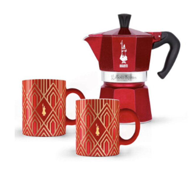 Bialetti Moka avec 2 tasses Collection Déco Glamour En Aluminium et Porcelaine  - 3 tasses - 130 ml