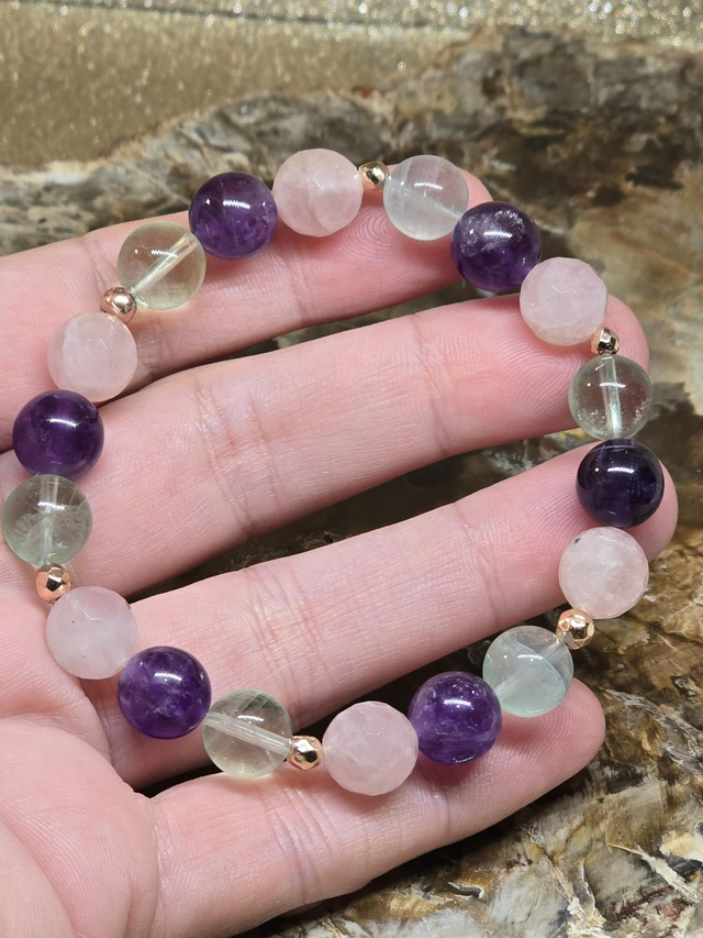 Bracelet Fluorite, Améthyste, Quartz rose 1cm