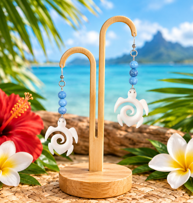 Boucles d'oreilles tortue et perles bleues