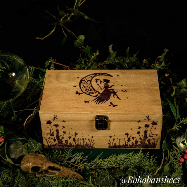Hand-Burned Fairy &amp; Mushroom Wooden Box