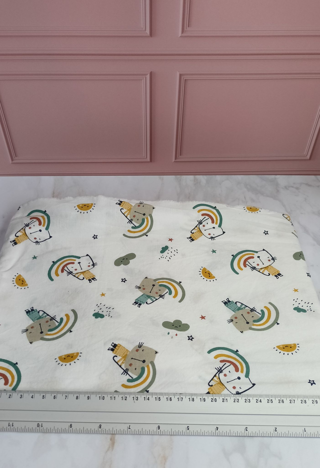 Tissu coton blanc chat/arc en ciel