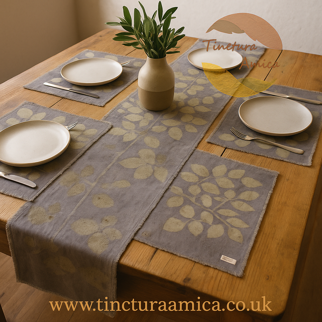 Table runner and place-mat set - eco printed with rose and oak leaves in an oak gall blanket