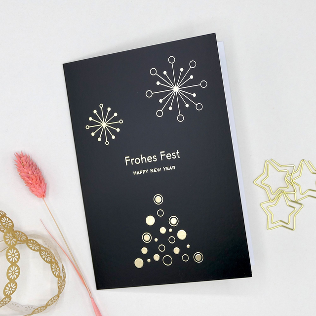 Weihnachts-Klappkarte mit Goldprägung &quot;Frohes Fest – Happy New Year&quot; | Weihnachtsgrüße | Neujahrsgrüße