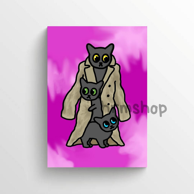 Three Cats in a Trench Coat (Pink Background) Art Print 6x4" Unframed