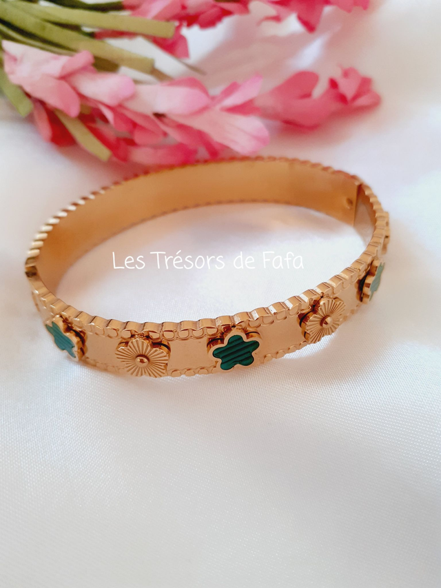 Bracelet jonc fleurs vertes 
