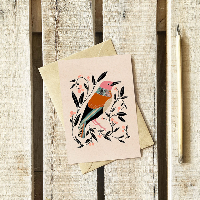 Carte Oiseau Folk marron | Enveloppe kraft | A6 