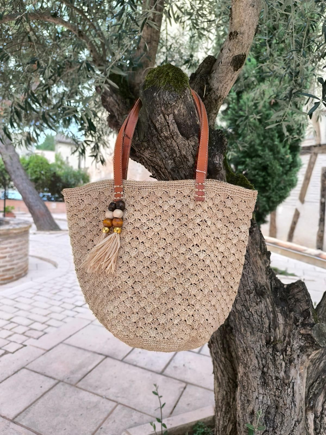 Sac Cabas en Raphia motif et pompom perle