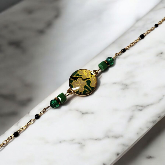 bracelet acier inoxydable motifs japonais vert foncé et doré