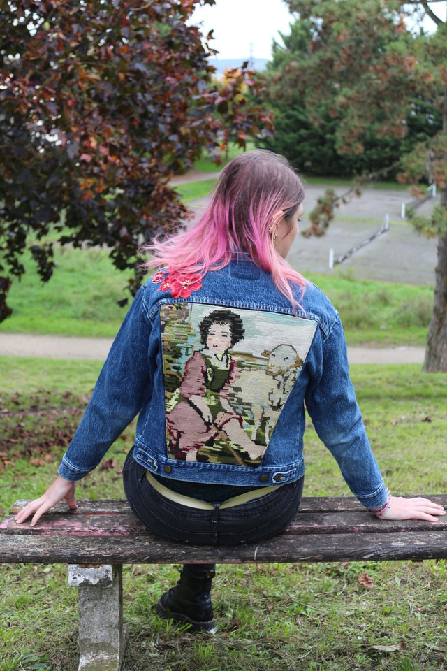 Veste en Jean Recyclée - Taille M avec Canevas Vintage et Broderie