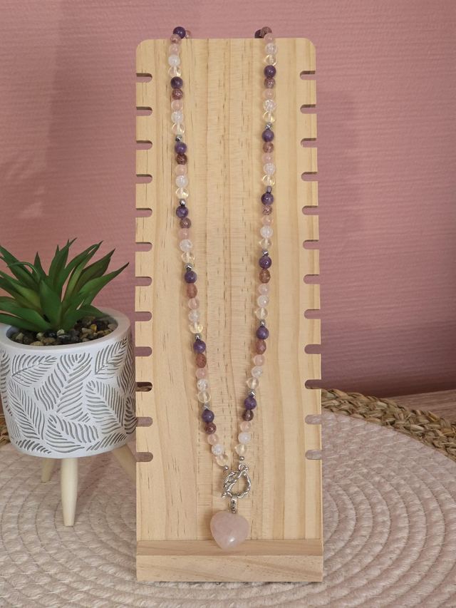 Collier Lépidolite, Quartz fraise, Quartz rose, Cristal de roche en 0,6 cm