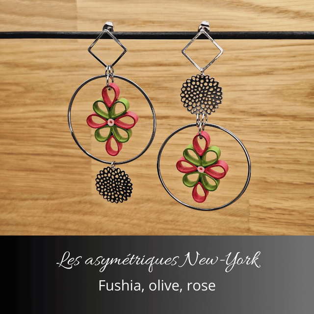 Boucles d&#039;oreilles asymétriques New York - Fushia olive et rose