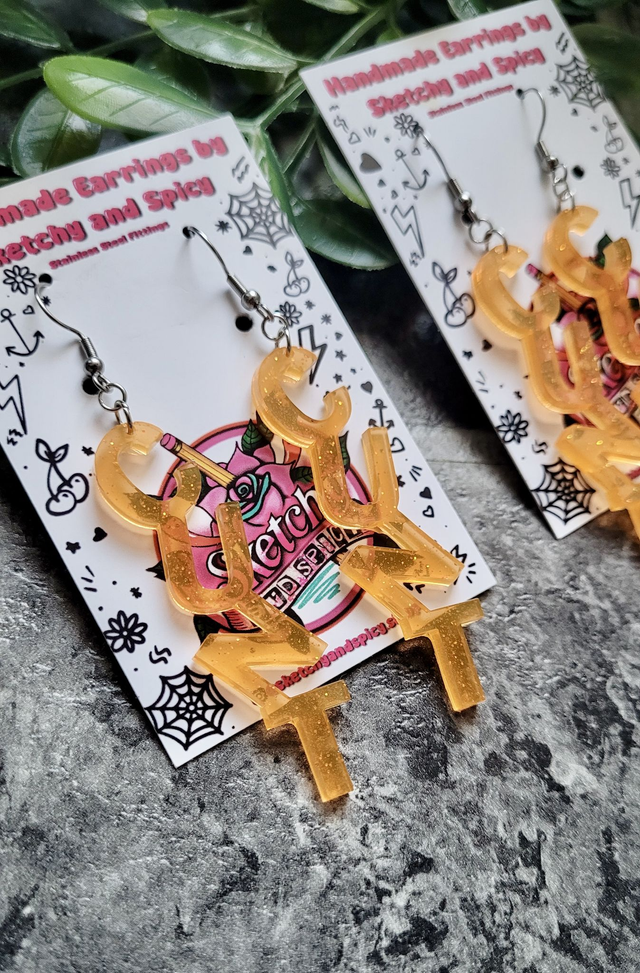 Earrings- Orange Glitter CUNT Swear Earrings | Stainless Steel Shepherd Hooks