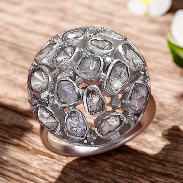 Stunning Natural Polki Diamond & Platinum Filled Ring