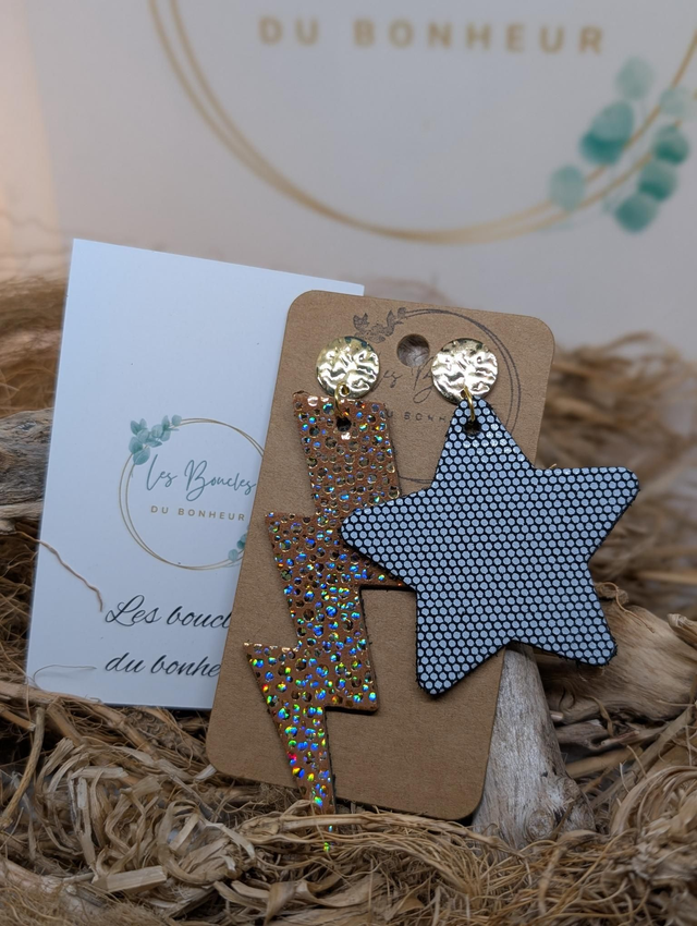 Boucles d&#039;oreilles Asymétrique doré noir blanc as049