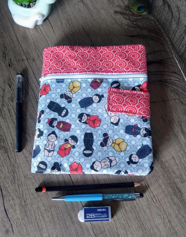 Kokeshi dolls scatter fabric sketchbook cover with pencil case 