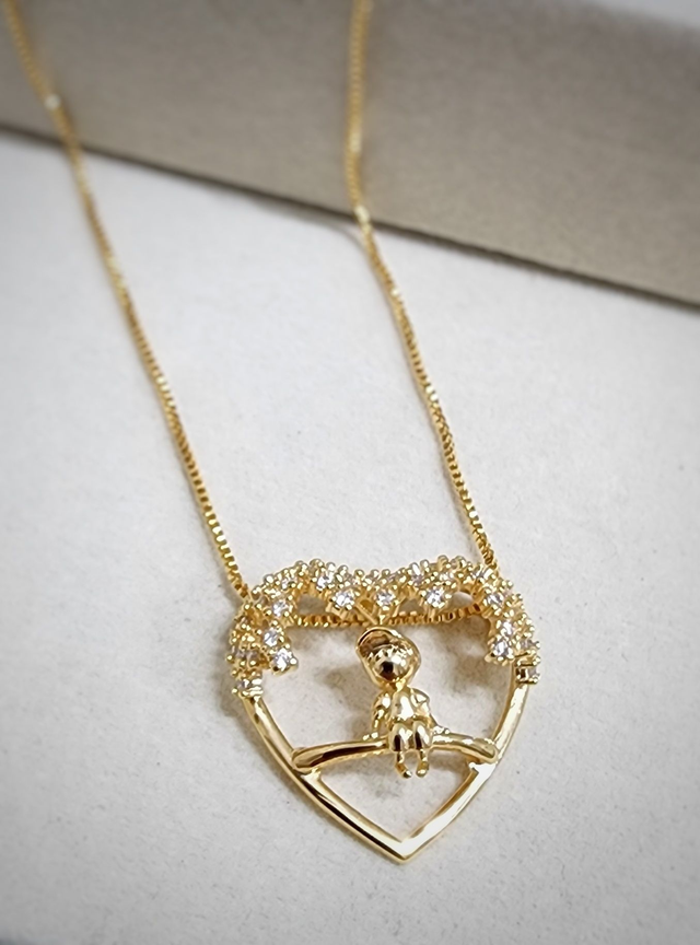 Colar Coração com Menino Cravejado 38cm+5cm - Ouro