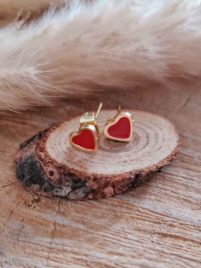 Boucles d'oreilles puces "Petits cœurs" - Modèle doré et rouge