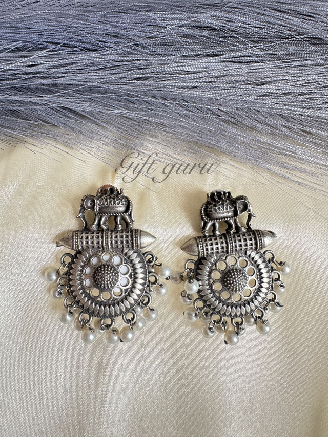 Oxidised Elephant Dangler Earrings with Round Bottom &amp; Pearls 