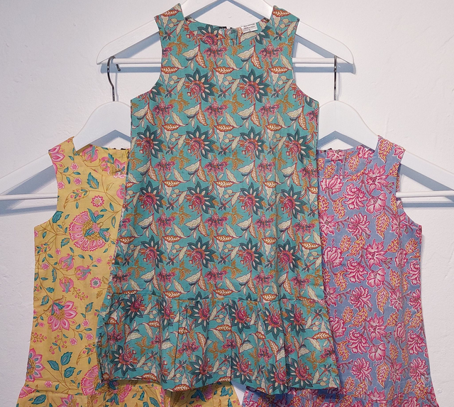 Robe d'été - Fille 2-7 ans - 3 couleurs - Coton indien léger imprimé à la main - Motif floral - Fermeture éclair