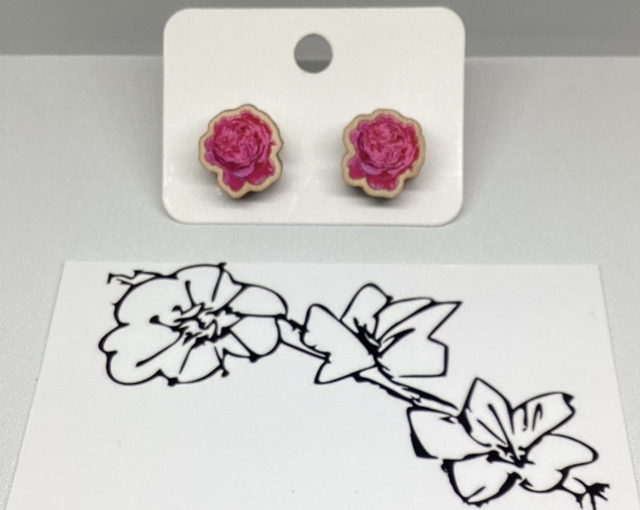 Wooden Pink Rose Studs 