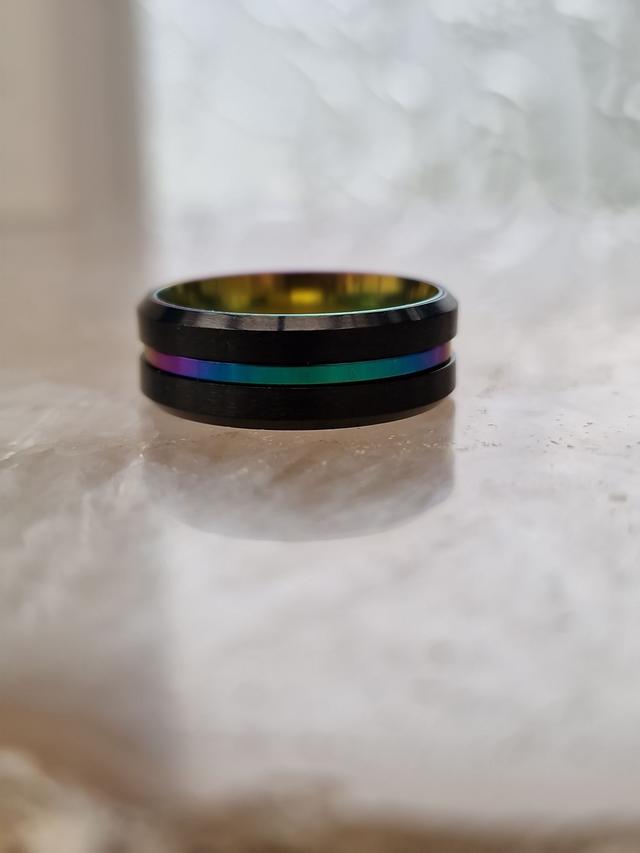 Bague Acier Inoxydable Noir Et Caméléon Multicolore
