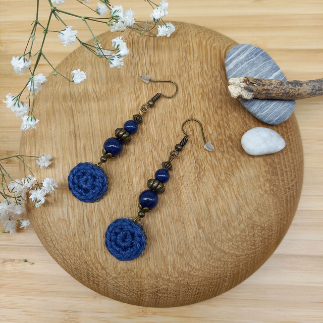 Parure bleu marine et bronze - Boucles d&#039;oreille pendantes