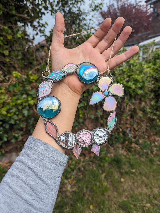 Stained glass sun catcher Wreath handmade unique decor 