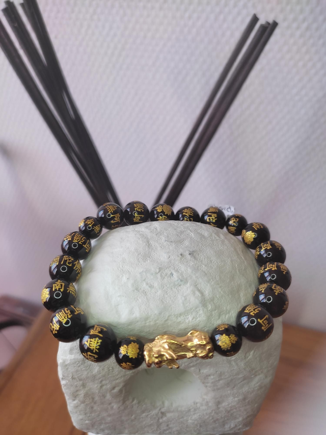 Obsidienne Noir 10mm Feng Shui Et Tête De Dragon Doré 