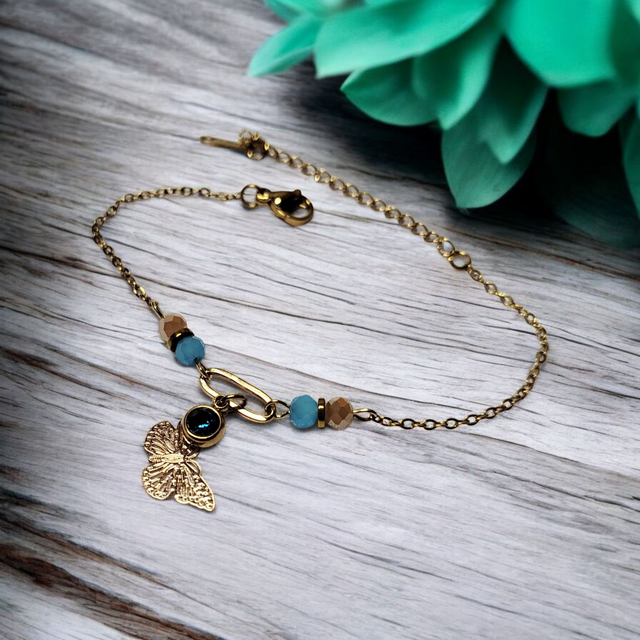 Bracelet acier inoxydable et strass bleu turquoise et doré 