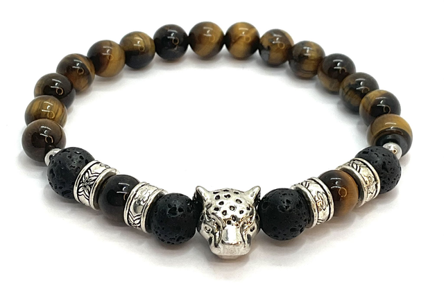Bracelet Œil de tigre &amp; pierre de lave 8 mm