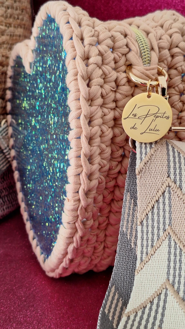 Sac en Résine cœur paillettes Sirène crochet beige