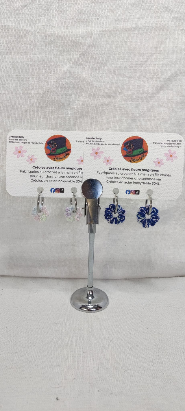 Créoles argentées Pampillettes Vichy Bleu Marine