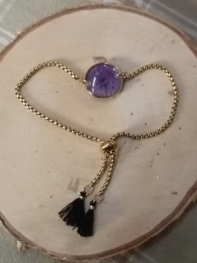 Bracelet Pompons Noirs - Pétale Violet - Or