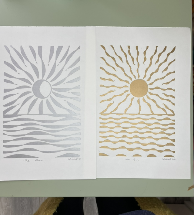 The Moon, Lino Print in Silver