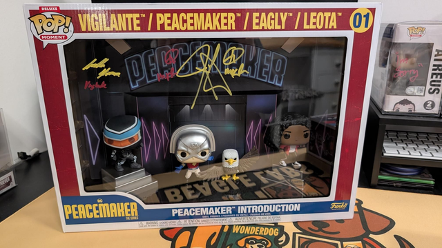 Funko Pop Moments Peacemaker Introduction Signed by John Cena and Freddie Stroma with Monopoly Events COA