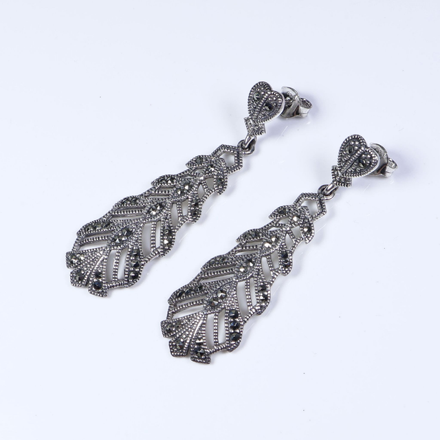 Pair of Elegant Sterling Silver 925 Art Nouveau Style Long Marcasite Gemstone Petal Leaf Floral Heart Geometric Design Drop Dangle Earrings